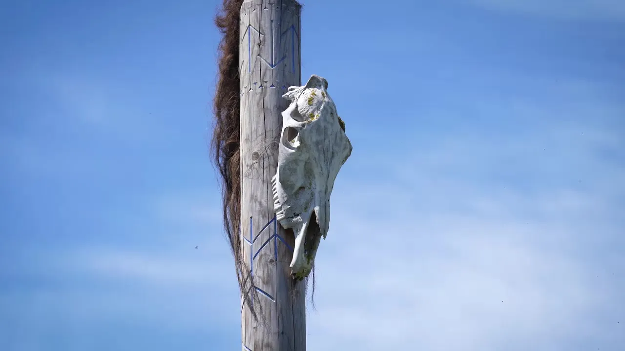 Un stâlp sculptat cu un craniu de cal pe fundalul cerului.