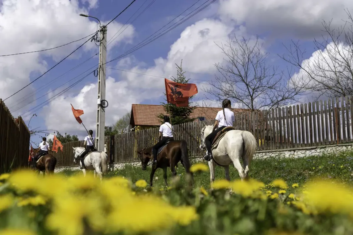 Procesiunea călare văzută printre păpădiile de la poalele dealului.