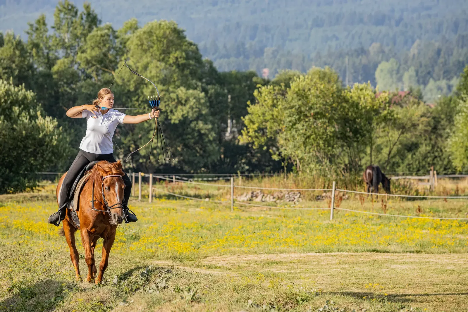 Csiszér Ivett trage cu arcul în galop, pe o pajiște cu flori.